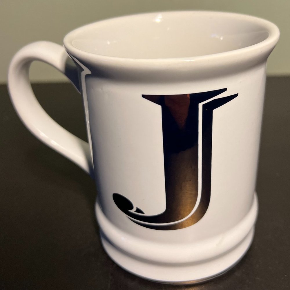 Monogram Letter J White Porcelain Mug Metallic Gold Initial Oversized 20oz Cup